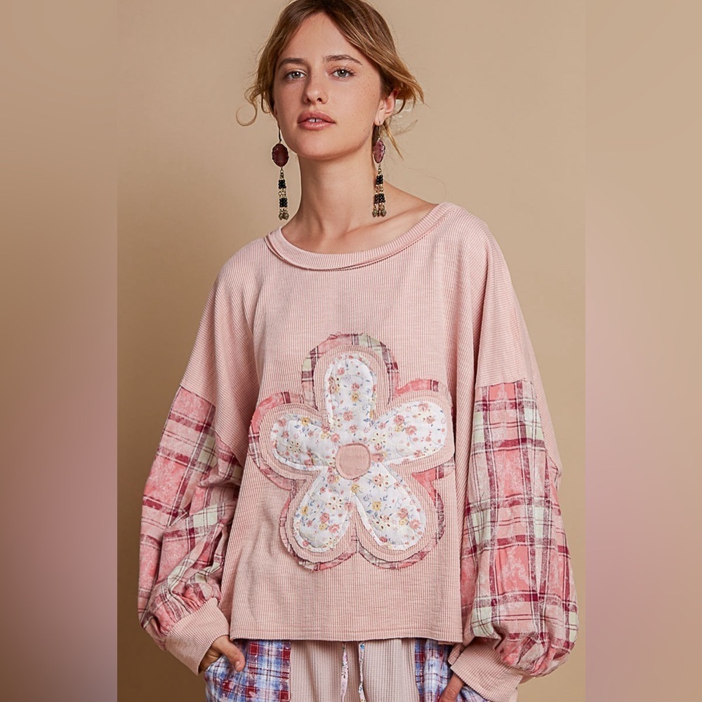 POL Pink Floral Patchwork Sweatshirt Top